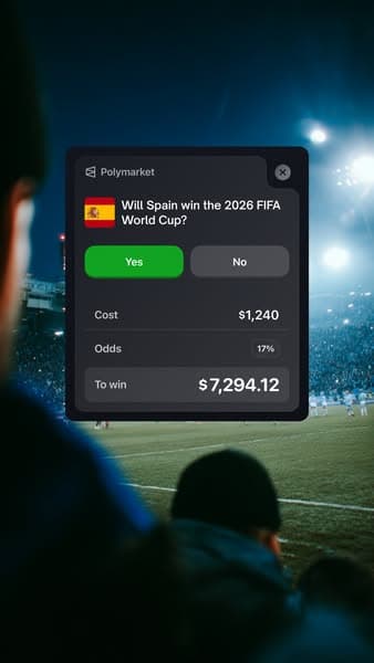 A dark overlay box on a blurred soccer stadium background shows a Polymarket poll with the text: "Will Spain win the 2026 FIFA World Cup?" with green "Yes" and gray "No" buttons, and details on cost, odds, and potential winnings.