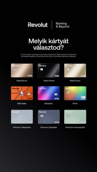 A dark-themed Revolut banner displays nine different card designs in a grid with the headline "Melyik kártyát választod?" and the small text "Banking & Beyond," with no visible call-to-action.