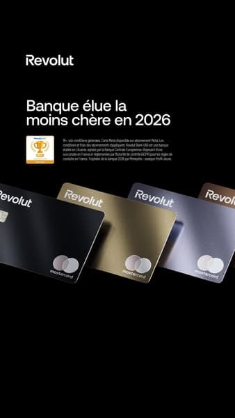 Black vertical banner with four Revolut Mastercard cards in black, gold, silver, and bronze tones at the bottom, headline text "Banque élue la moins chère en 2026" above, and smaller partially unreadable text below.
