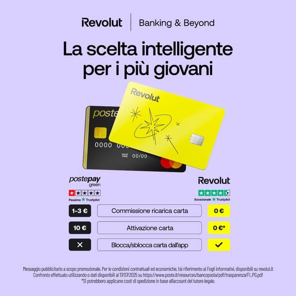 A Revolut Facebook banner with a clean white background showing a yellow Revolut card overlapping a black Postepay card, headline text "La scelta intelligente per i più giovani," and a comparison chart with "Scarica Revolut e ottieni il massimo dal tuo denaro" partially unreadable.