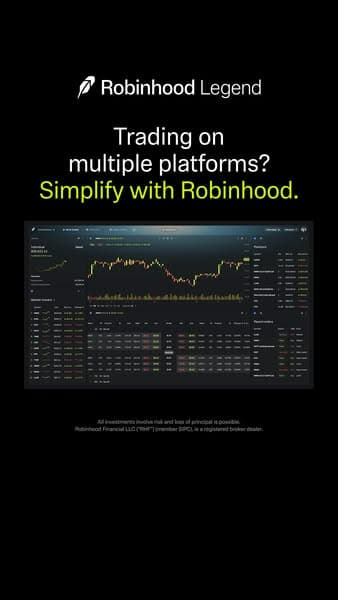 A black advertising banner for Robinhood Legend features a screenshot of a trading platform interface and the text "Trading on multiple platforms? Simplify with Robinhood." in white and green, with a Robinhood feather logo at the top; no CTA is visible.