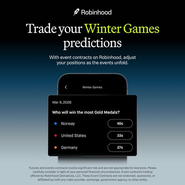 Robinhood Facebook ad banner with a dark gradient background and a phone screen showing Winter Games event contracts; headline reads "Trade your Winter Games predictions," with subtext "With event contracts on Robinhood, adjust your positions as the events unfold.