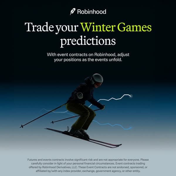 A dark blue gradient Robinhood banner with an image of a skier and line graphs, featuring the headline "Trade your Winter Games predictions" and the text "With event contracts on Robinhood, adjust your positions as the events unfold.