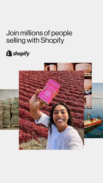 Advertising banner with a light gray background and overlapping photos of products and a smiling woman holding a pink spice package in front of dried red peppers, text reads "Join millions of people selling with Shopify" above the Shopify logo.
