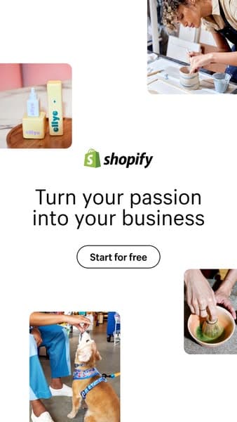 A clean white Shopify banner with four rounded images of hands crafting, a dog, and a product, featuring the text "Turn your passion into your business" and a "Start for free" button below the Shopify logo.