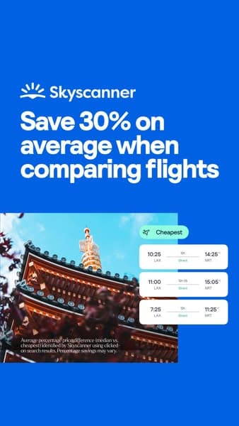 A vertical Skyscanner ad with a blue background and white text reading "Save 30% on average when comparing flights," featuring a photo of a traditional Asian temple and flight comparison times with a "Cheapest" label.