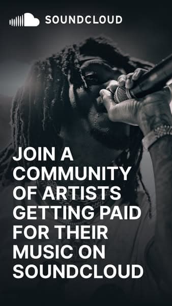 Dark-toned SoundCloud ad banner with a close-up of a singer holding a microphone, featuring the text "JOIN A COMMUNITY OF ARTISTS GETTING PAID FOR THEIR MUSIC ON SOUNDCLOUD" and the SoundCloud logo at the top.