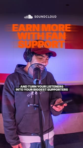 A SoundCloud Facebook banner with a photo of a smiling man wearing headphones and a red cap in a recording studio, with the headline "EARN MORE WITH FAN SUPPORT" in large orange text and a subhead that is partially unreadable but starts "AND TURN YOUR LISTENERS INTO YOUR BIGGEST SUPPORTERS.