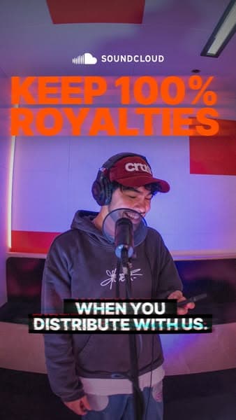 The SoundCloud Facebook banner shows a young man wearing headphones and a cap standing in front of a microphone in a colorful recording studio, with orange text "KEEP 100% ROYALTIES" and partially unreadable text below stating "WHEN YOU DISTRIBUTE WITH US.