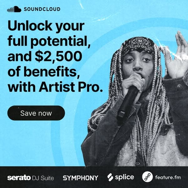 A blue-themed SoundCloud Facebook ad banner features a black-and-white image of a person with long braids singing into a microphone, with bold black text reading "Unlock your full potential, and $2,500 of benefits, with Artist Pro." and a black button labeled "Save now.
