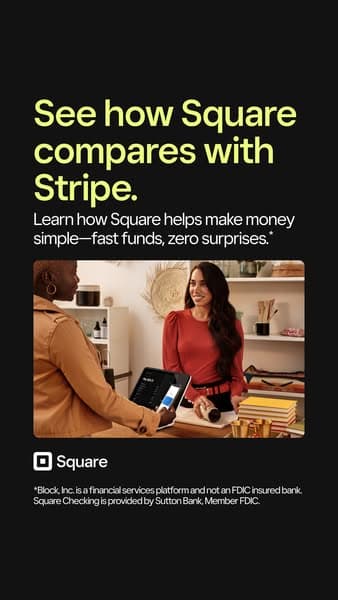 A vertical banner with a dark background and yellow-green headline reading "See how Square compares with Stripe." Below, white text says, "Learn how Square helps make money simple—fast funds, zero surprises," accompanied by an image of a retail transaction and the Square logo at the bottom.