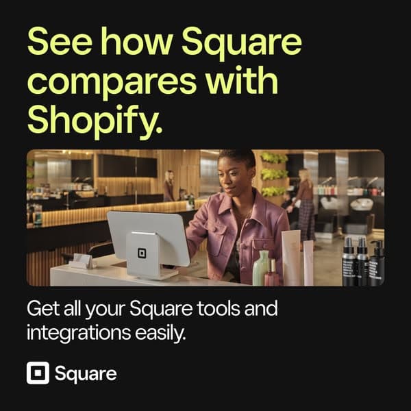 A black banner with pale yellow headline text "See how Square compares with Shopify." above a photo of a woman using a Square point-of-sale system at a retail counter, with white text below stating "Get all your Square tools and integrations easily." and the Square logo.