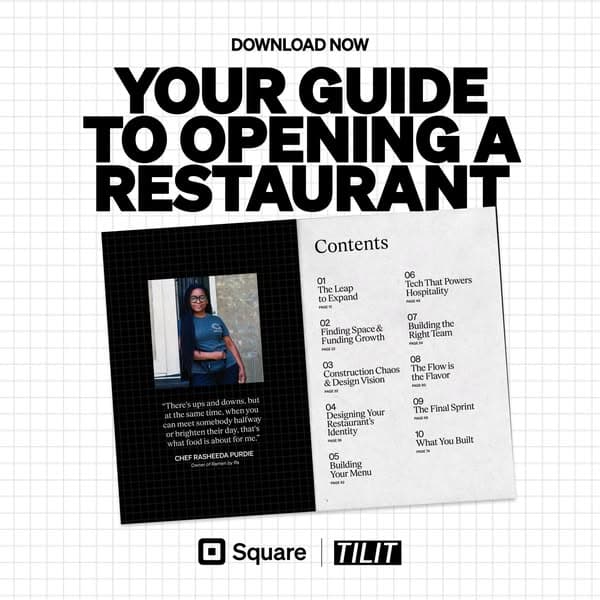 Advertising banner with a white grid background featuring bold black text reading "DOWNLOAD NOW YOUR GUIDE TO OPENING A RESTAURANT," an image of a woman and a table of contents for the guide, and the Square and TILIT logos at the bottom.
