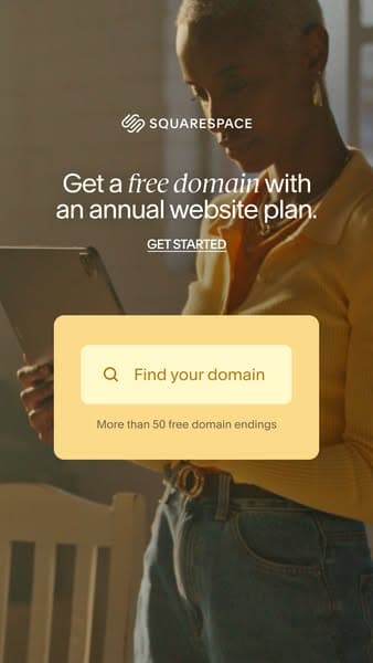 A vertical banner shows a person in a yellow shirt holding a tablet, with sunlight casting shadows behind, featuring the headline "Get a free domain with an annual website plan." and a "GET STARTED" button below, plus a search bar box reading "Find your domain" with a note "More than 50 free domain endings.