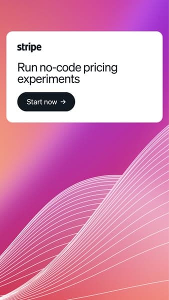 A vertical banner with a gradient purple to pink background and white wave lines at the bottom, featuring a white text box with the headline "Run no-code pricing experiments" and a black button labeled "Start now.