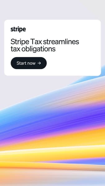 Advertising banner with a white text box over a colorful gradient background containing the headline "Stripe Tax streamlines tax obligations" and a visible call-to-action button saying "Start now.