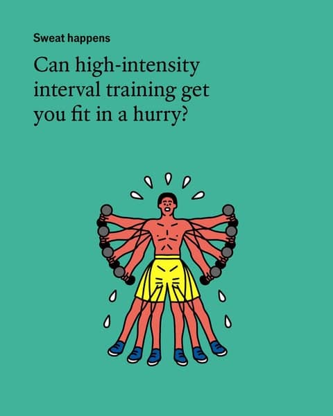 A turquoise advertising banner from The Economist shows a cartoon man in yellow shorts doing multiple dumbbell exercises with sweat drops around his head, accompanied by the headline "Sweat happens Can high-intensity interval training get you fit in a hurry?" with no visible CTA.