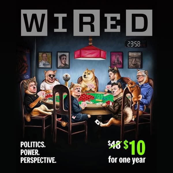A dark-themed WIRED Facebook ad banner features anthropomorphic doge and human characters playing poker around a table under a red lamp, with the text "POLITICS. POWER. PERSPECTIVE." and a bright green "$10 for one year" offer replacing a $48 price.